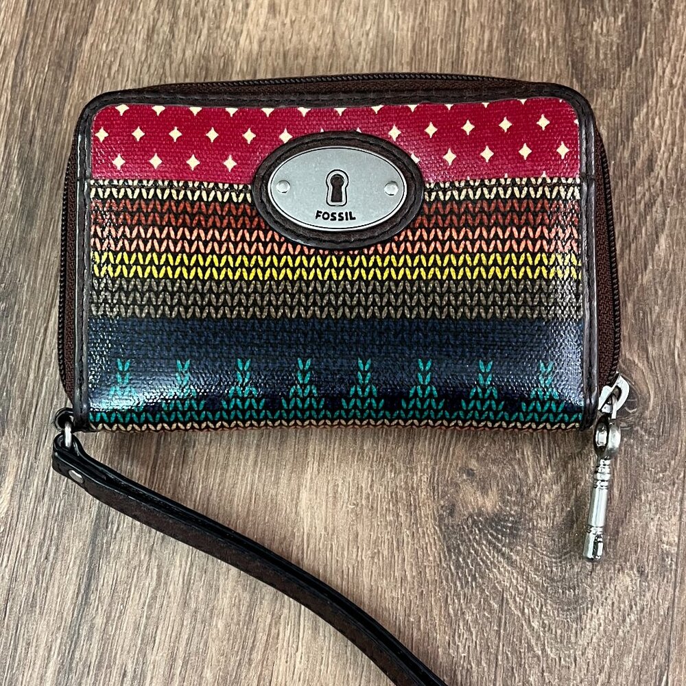 Fossil 90's / Y2k Zip Around Clutch Wallet Coated Canvas Retro Organizer